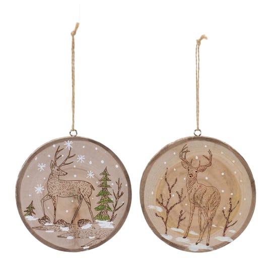 12ct. 4&#x22; Wood Deer Tree Disc Ornament Set
